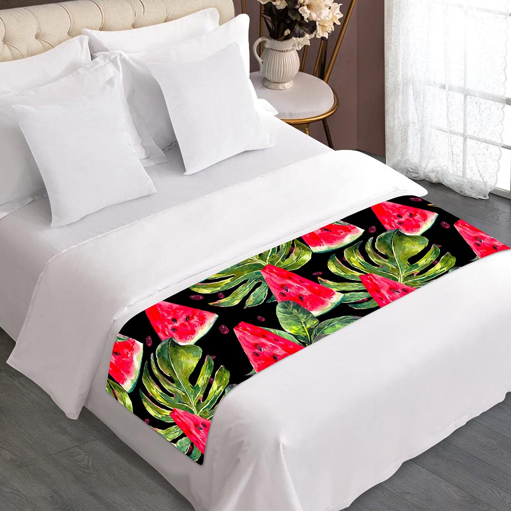 Black Palm Leaf Watermelon Pattern Print Bed Runner