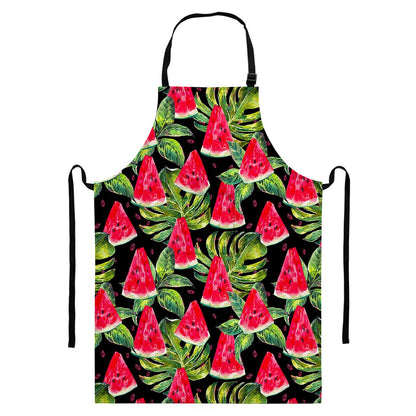 Black Palm Leaf Watermelon Pattern Print Bib Apron With Pocket
