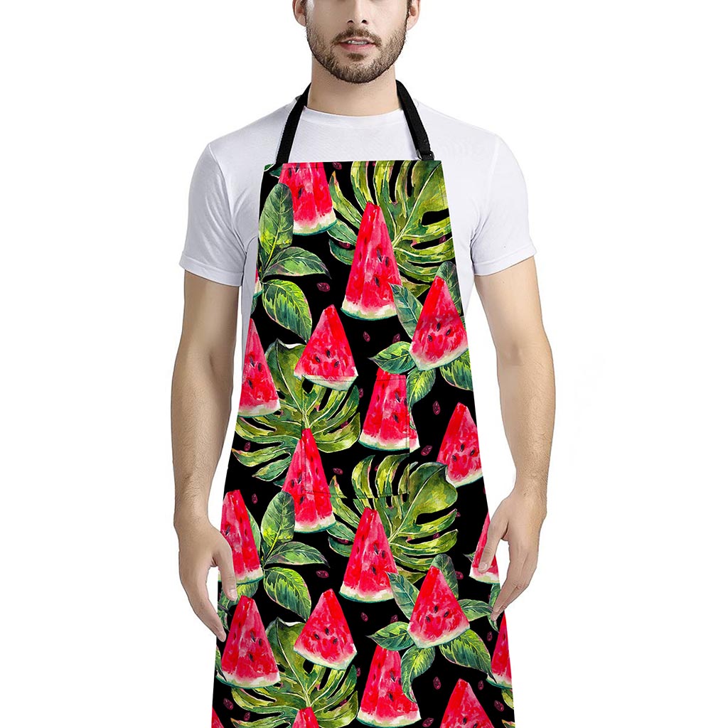 Black Palm Leaf Watermelon Pattern Print Bib Apron With Pocket