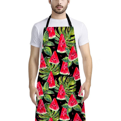 Black Palm Leaf Watermelon Pattern Print Bib Apron With Pocket