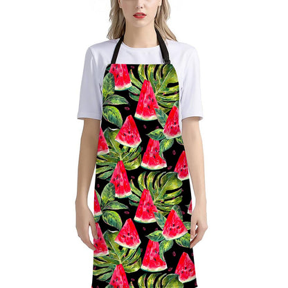 Black Palm Leaf Watermelon Pattern Print Bib Apron With Pocket