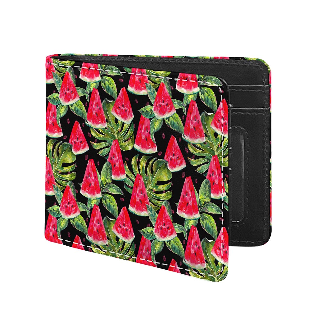 Black Palm Leaf Watermelon Pattern Print Bifold Wallet