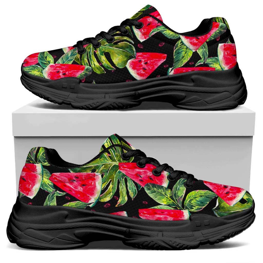 Black Palm Leaf Watermelon Pattern Print Black Chunky Shoes