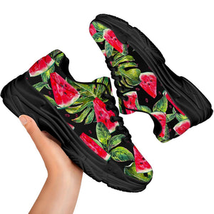 Black Palm Leaf Watermelon Pattern Print Black Chunky Shoes