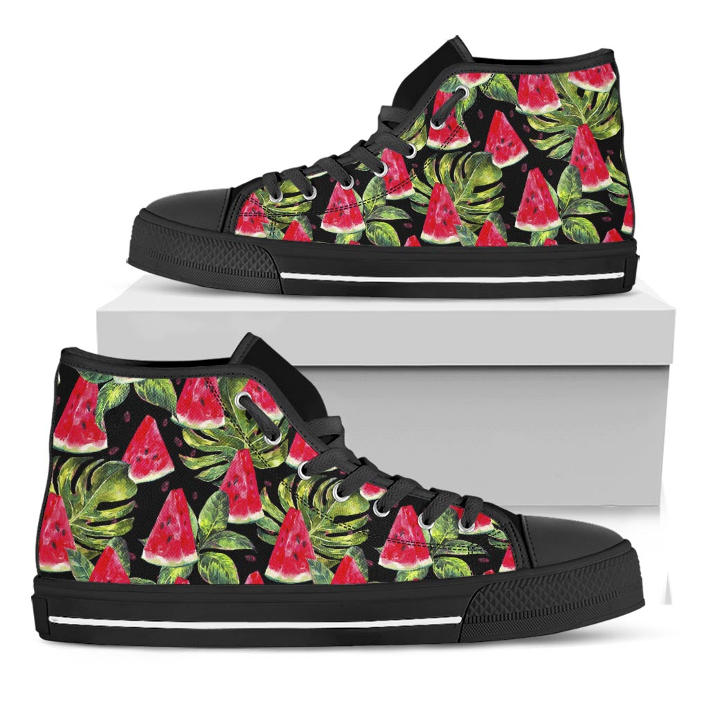 Black Palm Leaf Watermelon Pattern Print Black High Top Sneakers