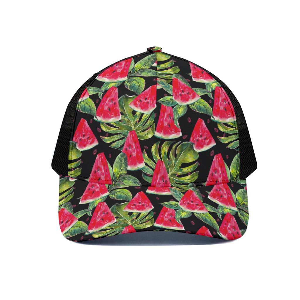 Black Palm Leaf Watermelon Pattern Print Black Mesh Trucker Cap