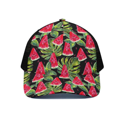 Black Palm Leaf Watermelon Pattern Print Black Mesh Trucker Cap