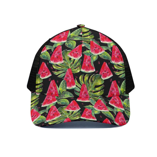 Black Palm Leaf Watermelon Pattern Print Black Mesh Trucker Cap