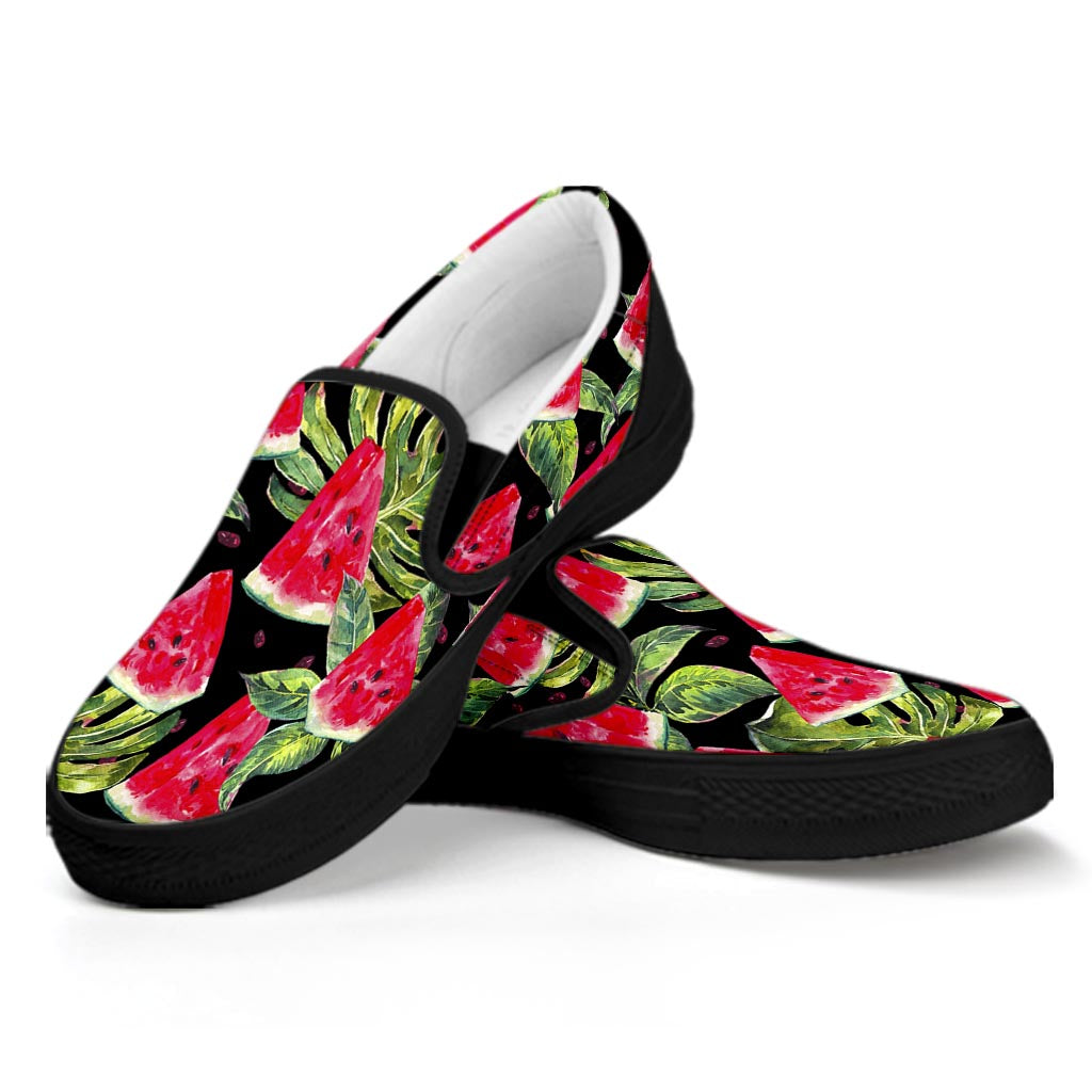 Black Palm Leaf Watermelon Pattern Print Black Slip On Sneakers