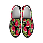 Black Palm Leaf Watermelon Pattern Print Black Slip On Sneakers