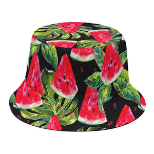 Black Palm Leaf Watermelon Pattern Print Bucket Hat