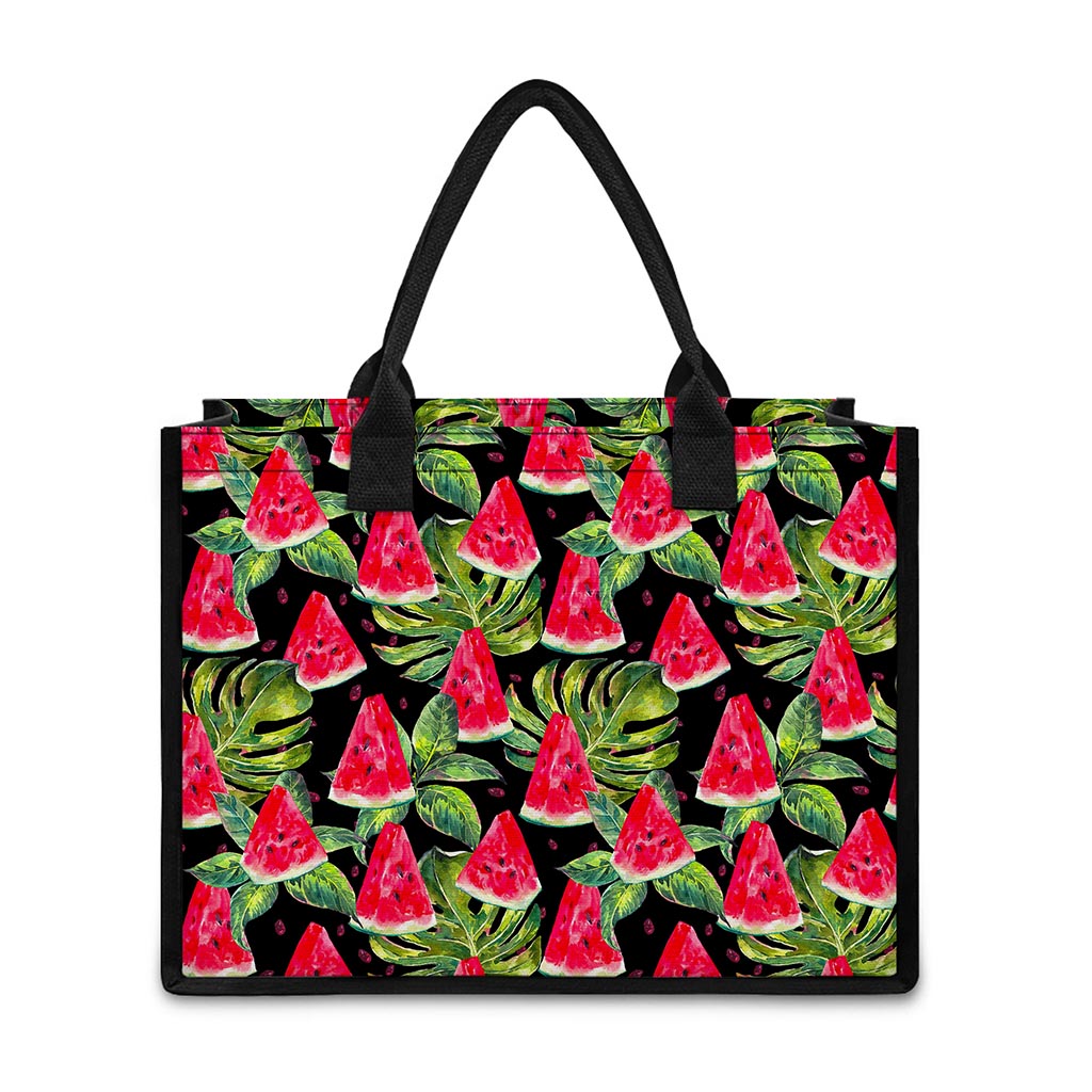 Black Palm Leaf Watermelon Pattern Print Canvas Tote Bag