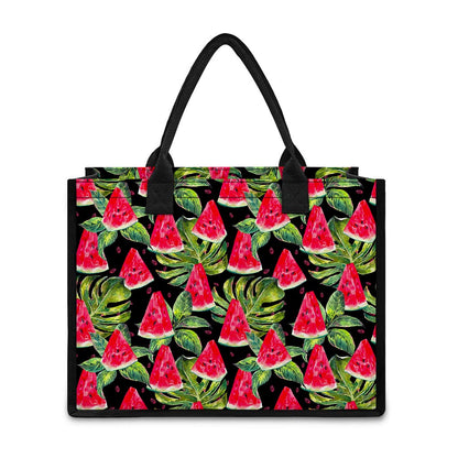 Black Palm Leaf Watermelon Pattern Print Canvas Tote Bag
