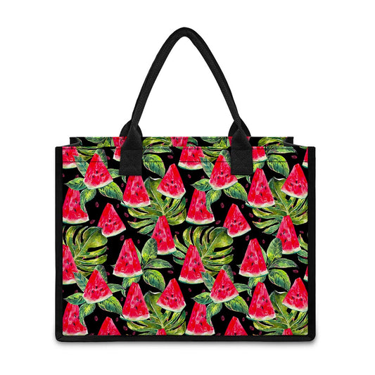 Black Palm Leaf Watermelon Pattern Print Canvas Tote Bag