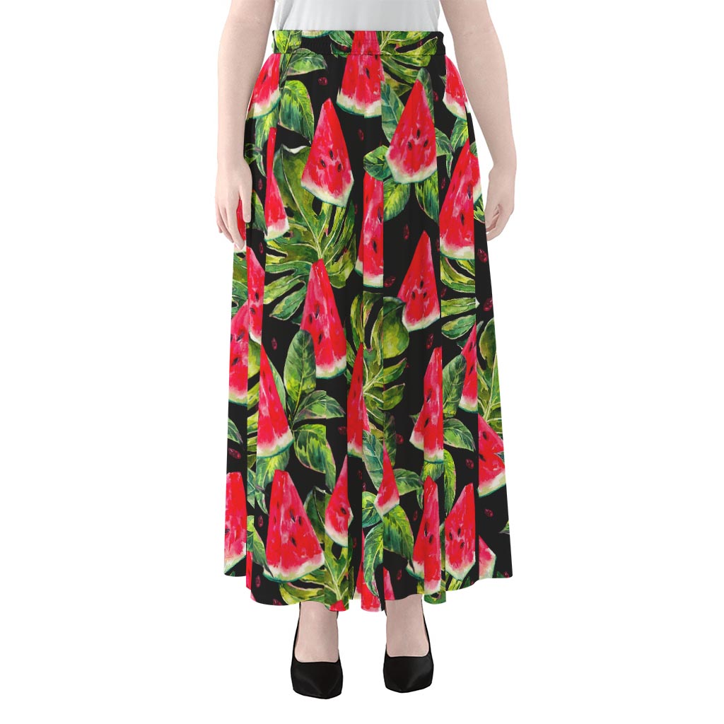 Black Palm Leaf Watermelon Pattern Print Chiffon Maxi Skirt
