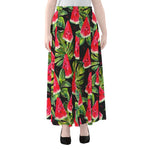 Black Palm Leaf Watermelon Pattern Print Chiffon Maxi Skirt