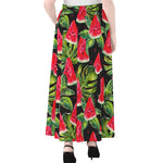 Black Palm Leaf Watermelon Pattern Print Chiffon Maxi Skirt