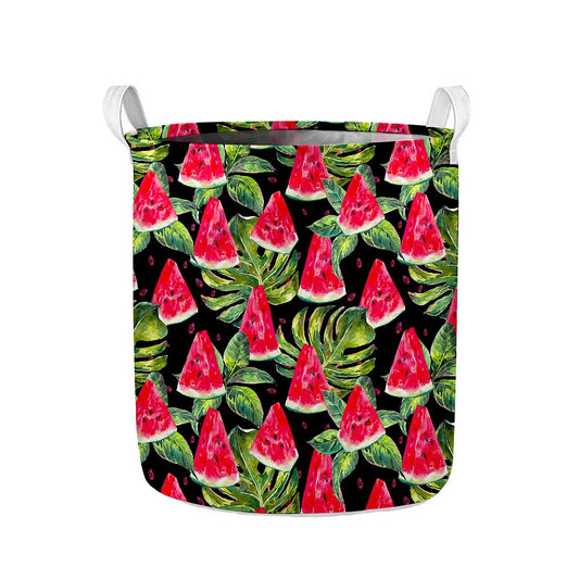 Black Palm Leaf Watermelon Pattern Print Collapsible Laundry Basket
