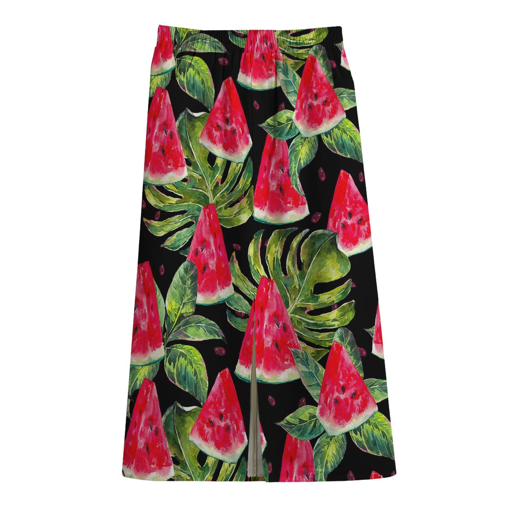 Black Palm Leaf Watermelon Pattern Print Cotton Front Slit Maxi Skirt