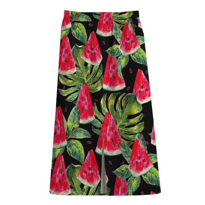 Black Palm Leaf Watermelon Pattern Print Cotton Front Slit Maxi Skirt