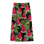 Black Palm Leaf Watermelon Pattern Print Cotton Front Slit Maxi Skirt