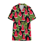 Black Palm Leaf Watermelon Pattern Print Cotton Hawaiian Shirt