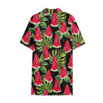 Black Palm Leaf Watermelon Pattern Print Cotton Hawaiian Shirt