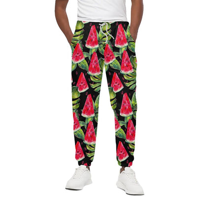 Black Palm Leaf Watermelon Pattern Print Cotton Pants