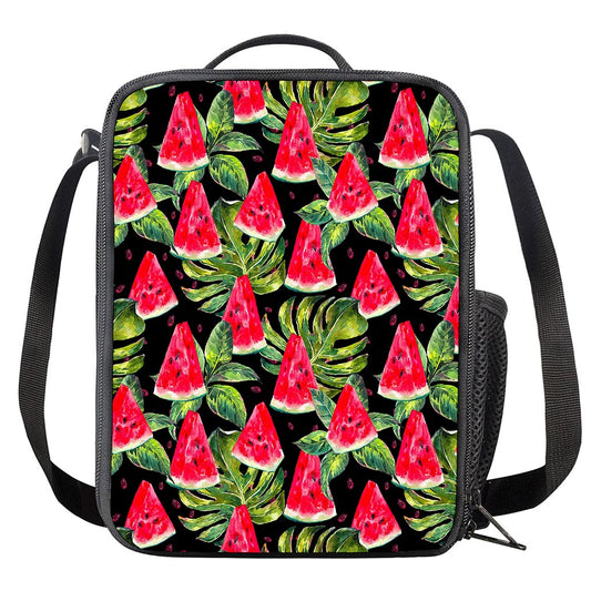 Black Palm Leaf Watermelon Pattern Print Crossbody Lunch Bag