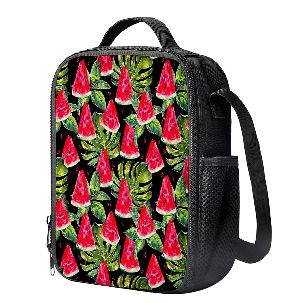 Black Palm Leaf Watermelon Pattern Print Crossbody Lunch Bag