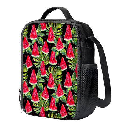 Black Palm Leaf Watermelon Pattern Print Crossbody Lunch Bag