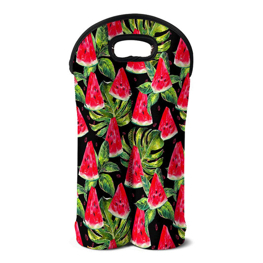 Black Palm Leaf Watermelon Pattern Print Double Neoprene Wine Tote