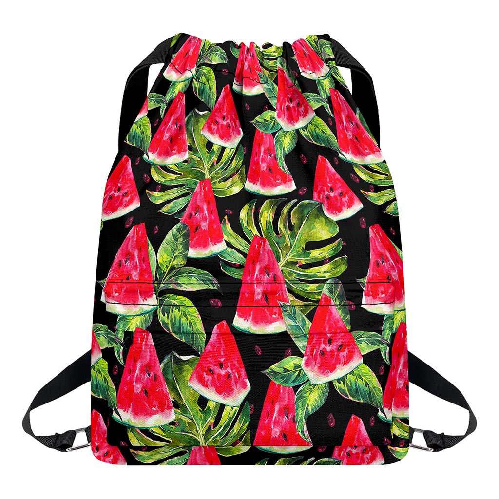 Black Palm Leaf Watermelon Pattern Print Drawstring Backpack