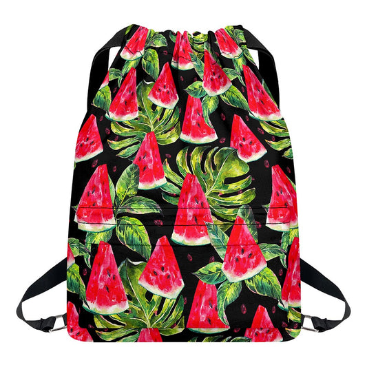 Black Palm Leaf Watermelon Pattern Print Drawstring Backpack
