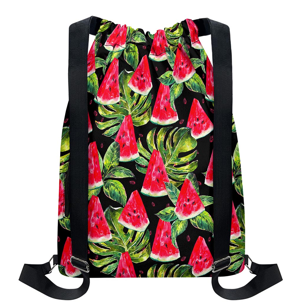 Black Palm Leaf Watermelon Pattern Print Drawstring Backpack