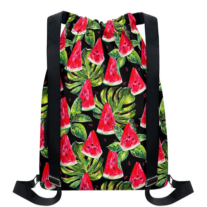 Black Palm Leaf Watermelon Pattern Print Drawstring Backpack