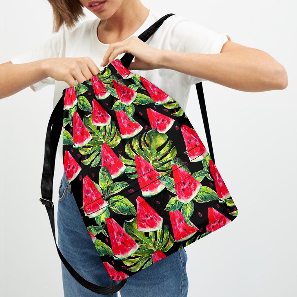 Black Palm Leaf Watermelon Pattern Print Drawstring Backpack