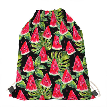 Black Palm Leaf Watermelon Pattern Print Drawstring Bag