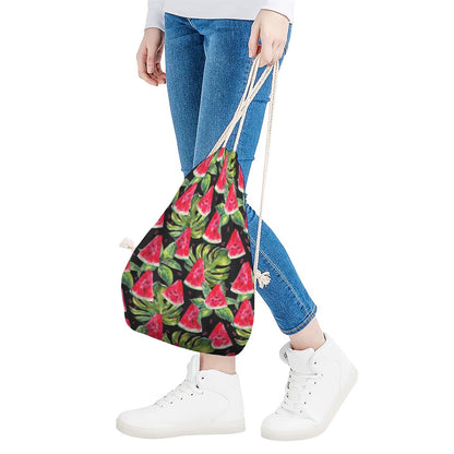 Black Palm Leaf Watermelon Pattern Print Drawstring Bag