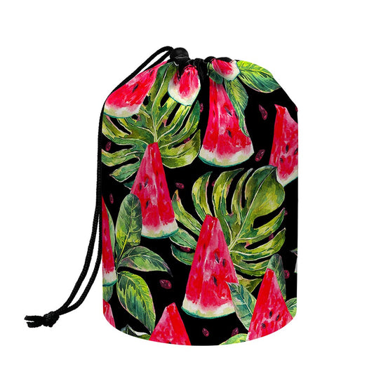 Black Palm Leaf Watermelon Pattern Print Drawstring Makeup Bag