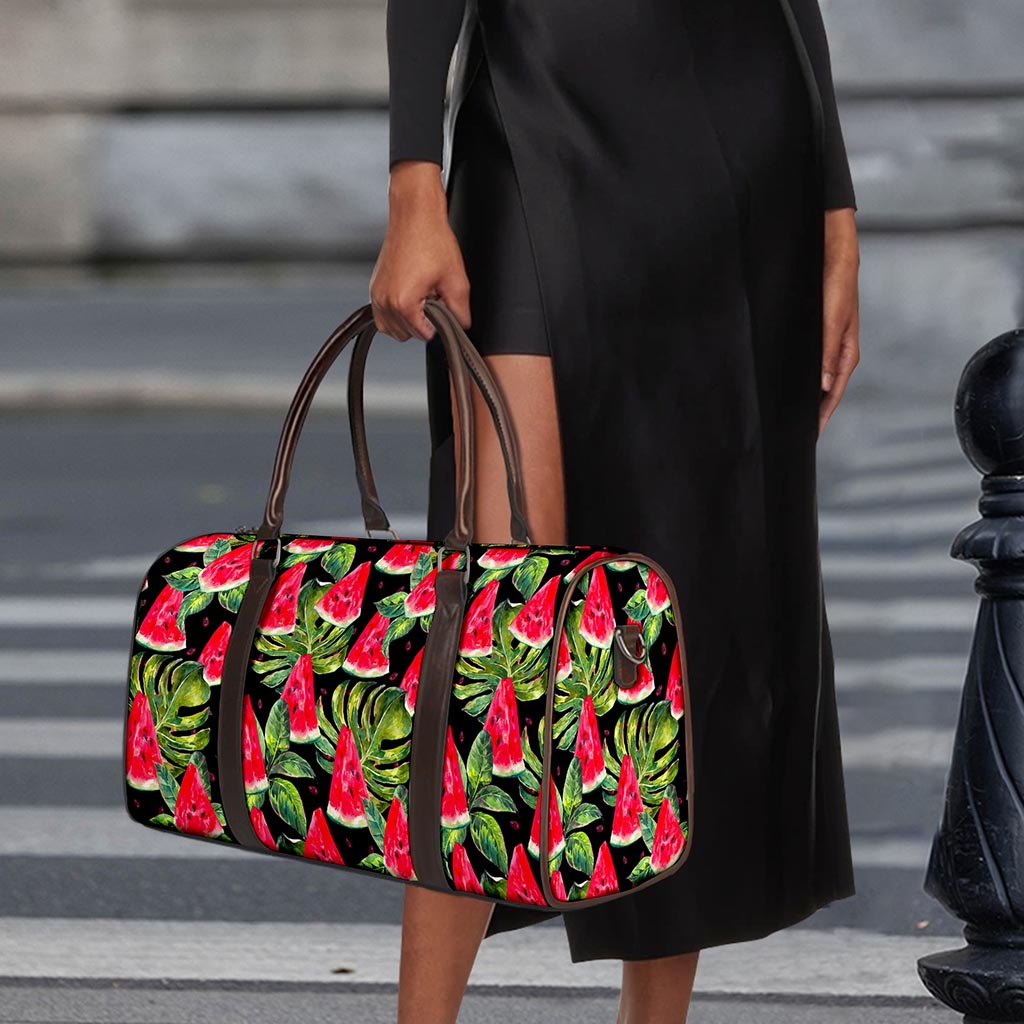 Black Palm Leaf Watermelon Pattern Print Duffle Bag