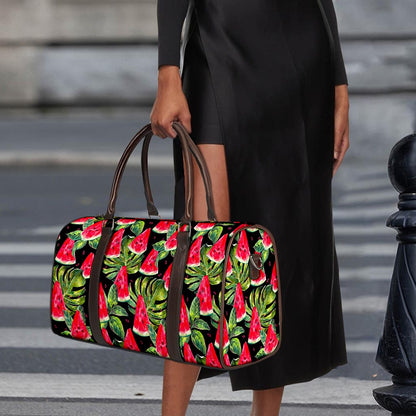 Black Palm Leaf Watermelon Pattern Print Duffle Bag