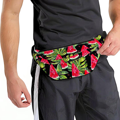 Black Palm Leaf Watermelon Pattern Print Fanny Pack