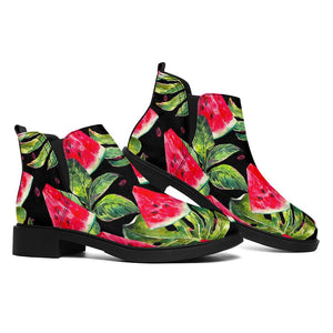 Black Palm Leaf Watermelon Pattern Print Flat Ankle Boots