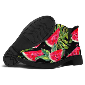 Black Palm Leaf Watermelon Pattern Print Flat Ankle Boots