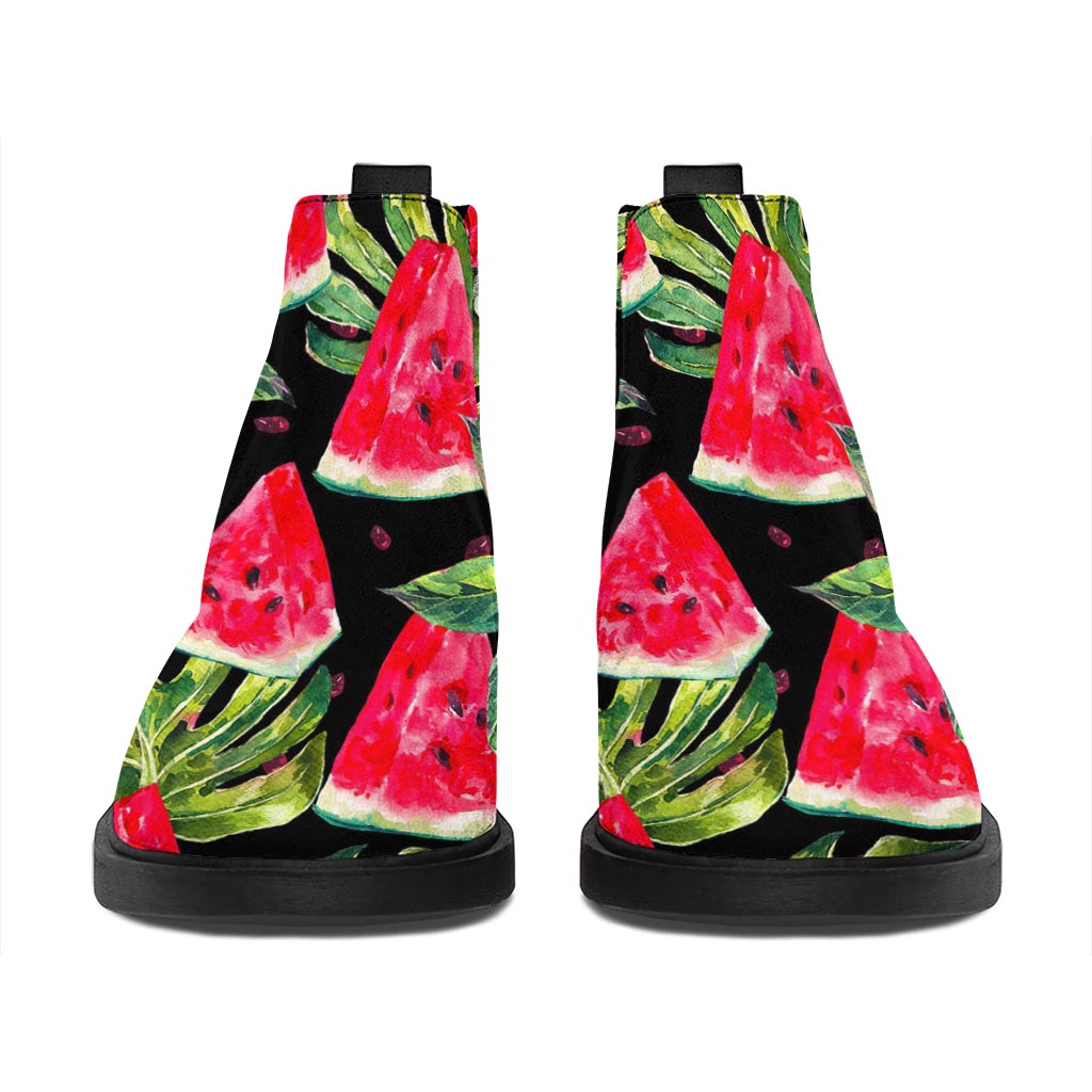 Black Palm Leaf Watermelon Pattern Print Flat Ankle Boots