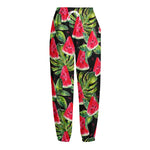 Black Palm Leaf Watermelon Pattern Print Fleece Lined Knit Pants