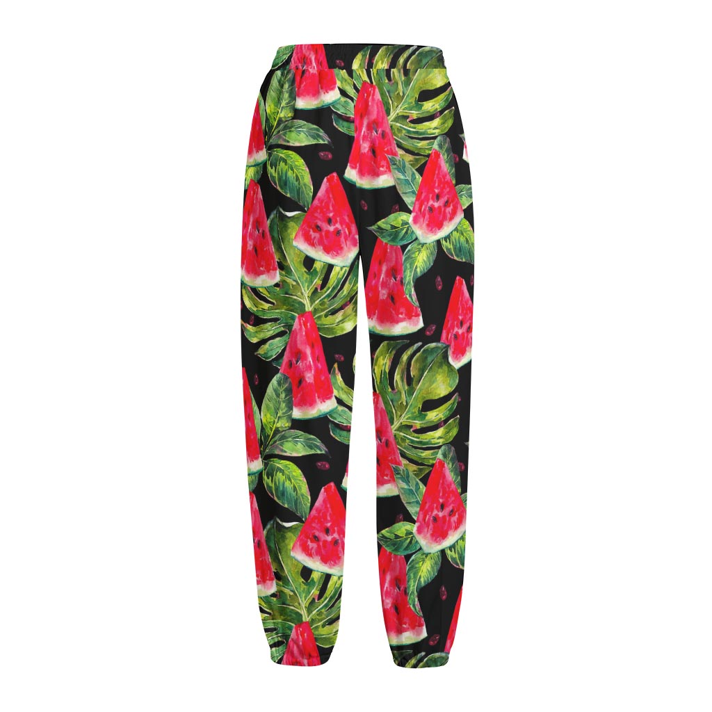 Black Palm Leaf Watermelon Pattern Print Fleece Lined Knit Pants