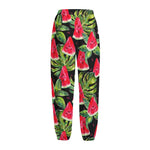 Black Palm Leaf Watermelon Pattern Print Fleece Lined Knit Pants