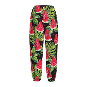 Black Palm Leaf Watermelon Pattern Print Fleece Lined Knit Pants